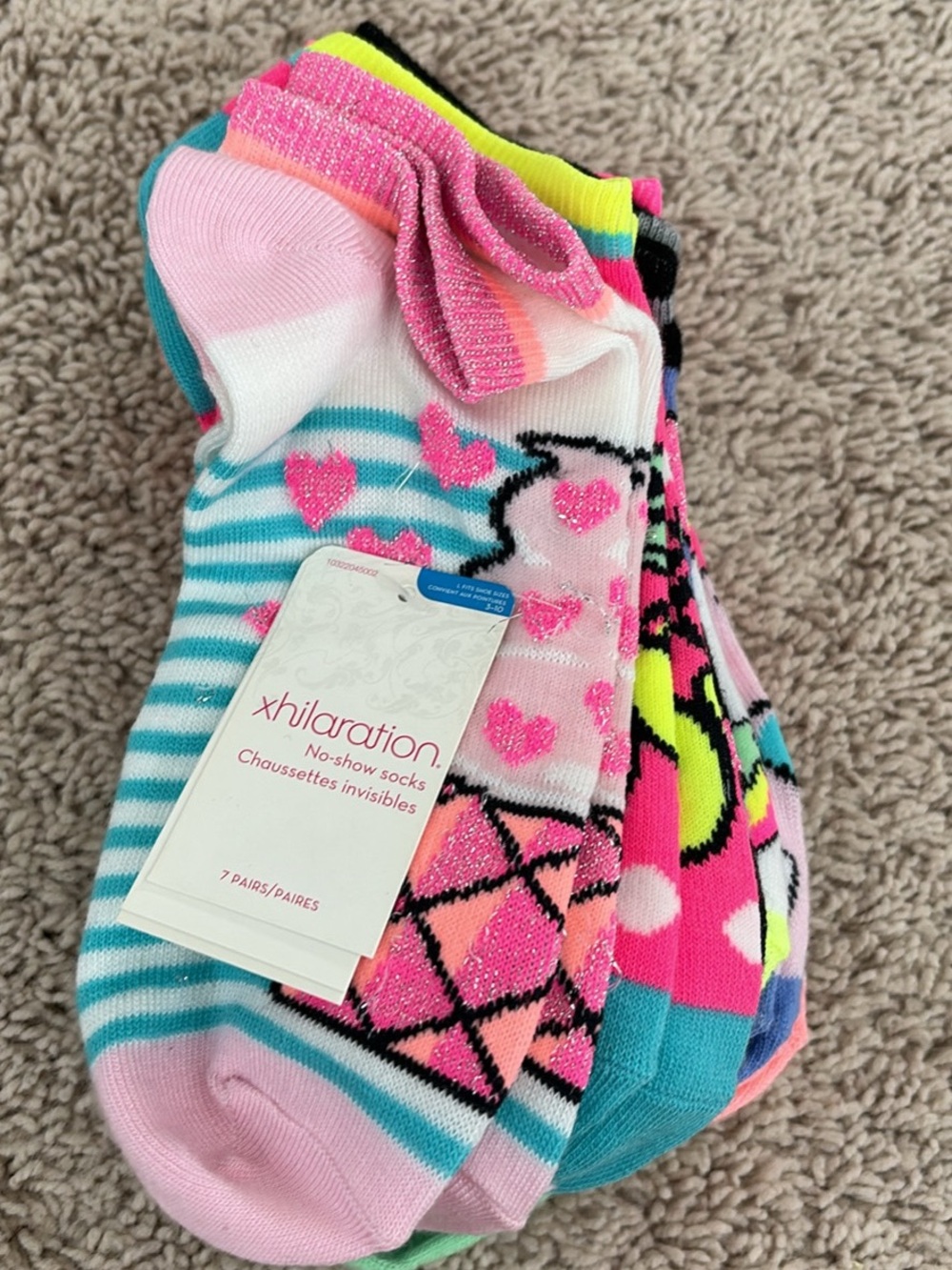 Xhilaration Kids No-Show Socks - Pink, Turquoise, Neon Yellow Mix
